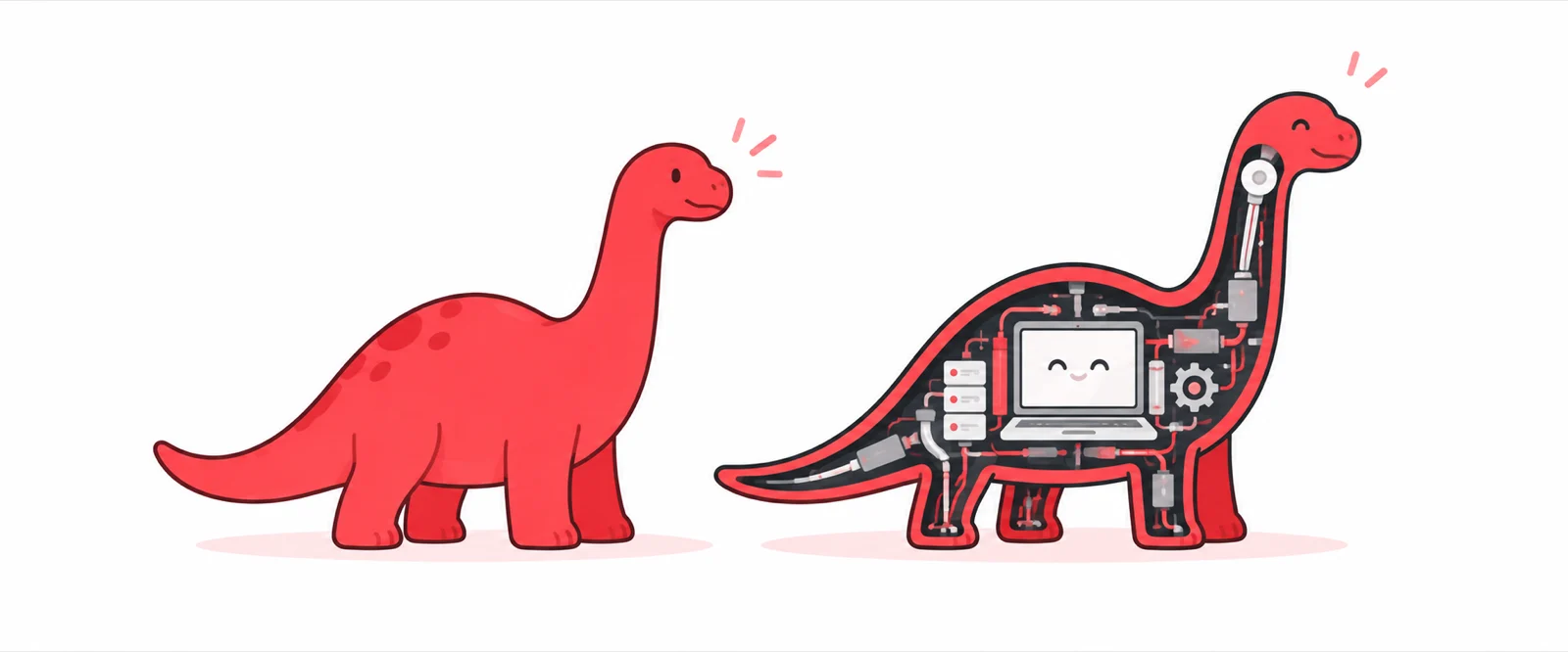 Two red dinosaurs side by side: one plain, one cut away to show servers, gears and a smiling laptop inside