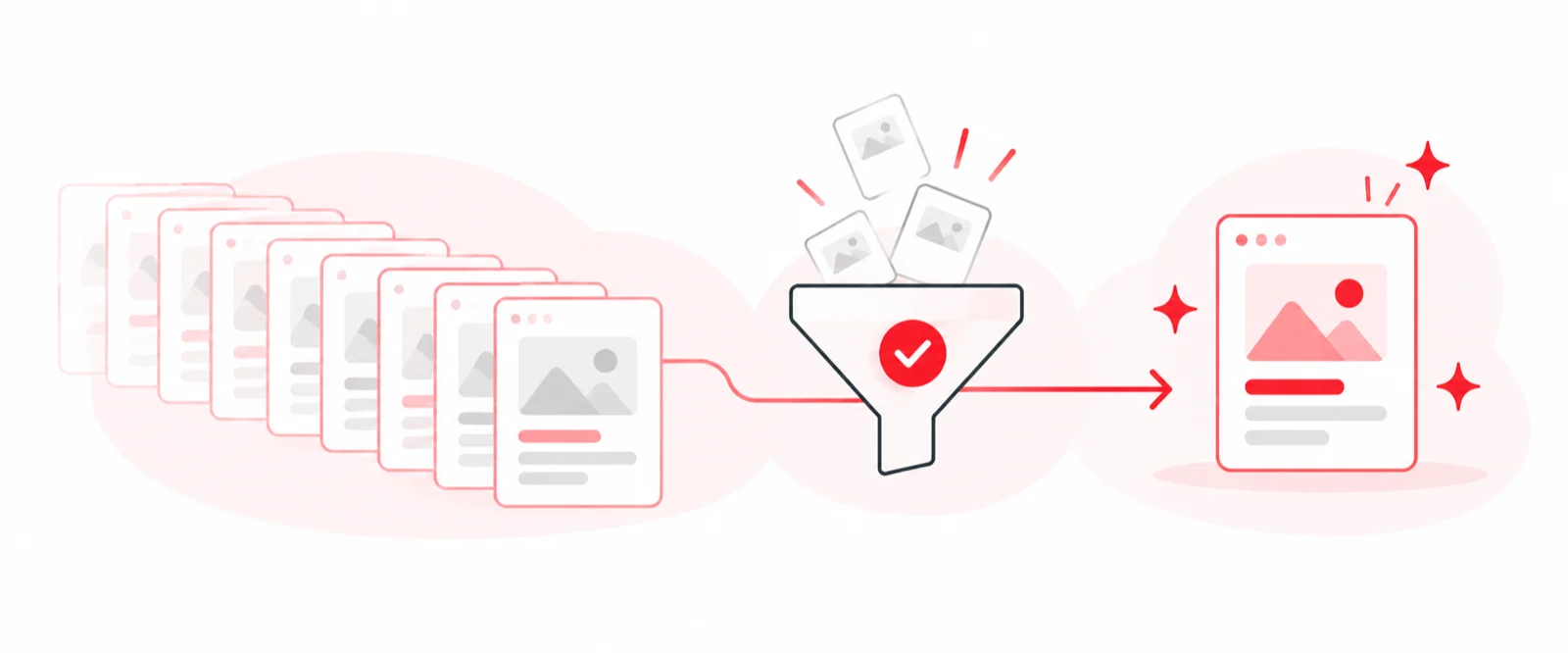 A fading pile of web page cards flows through a funnel with a checkmark and comes out as one bright, polished card