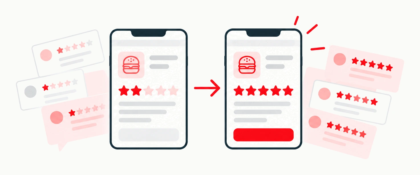 An app's rating rises from two stars to five as negative reviews give way to positive ones